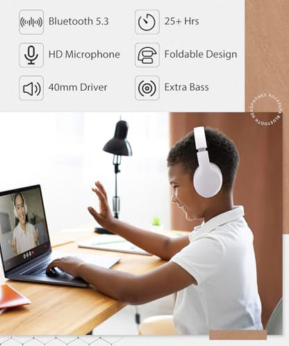 rockpapa E7 Over Ear Wireless Bluetooth Headphones with Mic, Foldable Wired/Wireless Headphones with Microphone for Kids Childrens Boys Girls Teen Youth Adult White - color: White, style: without Case