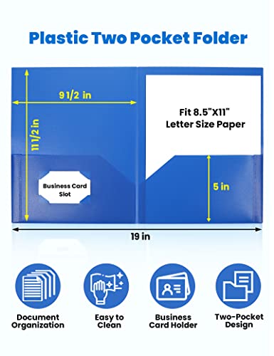 SUNEE 2 Pocket Folders (12 Pack, Blue) Heavy-Duty Plastic Folders with Pockets, Fit 8.5x11 Letter Size Paper, 2-Pocket File Folders for Kids, Home, School, Office - color: Blue, style: 12-Pack