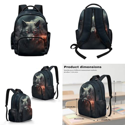 Cool Wolf Backpack for Boys Girls Backpack with Lunch Box Water Bottle Holder with Strap and Big Pencil Case 4PCS Set Bookbag Back to School Gifts for School Teens 17" Sturdy School Bag - color: Cool Wolf