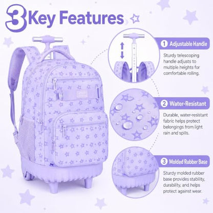 3Pcs Rolling Backpack for Girls Women, School Kids Roller Bookbag with Wheels, Wheeled Backpacks Set for Elementary (Purple) - color: Star Purple