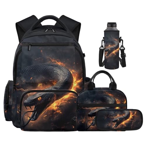 Black Snake Backpack for Kids Backpacks for Girls with Lunch Box and Water Bottle Carrier Pencil Case 4PCS Set Boys Bookbag 10-12 17 inch School Bag to Store Pens,Crayon Box,Snacks, Toys - color: Black Snake