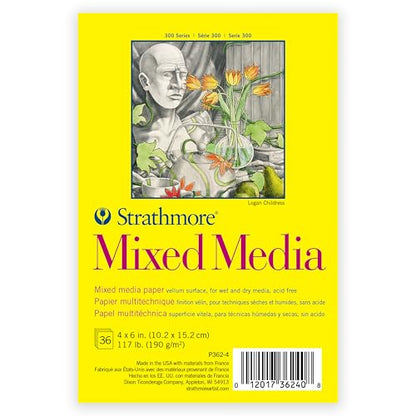 Strathmore 300 Series Mixed Media Paper Pad, Tape Binding, 36 Sheets, White, 4x6 inch, 1 Count