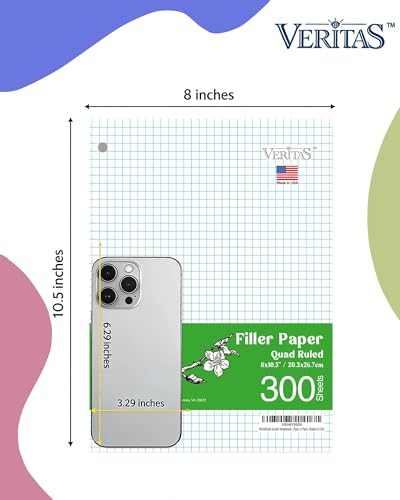 WritePads Graph Paper Loose Leaf Paper, 300 Sheets, 8 x 10.5 Inch 4x4 Quad Ruled Graphing Paper, 3 Hole Punched Filler Notebook Paper for 3 Ring Binders, 65 GSM, Made in USA - color: Graph Ruled Filler Paper, size: 3 Pack (300 Sheets)