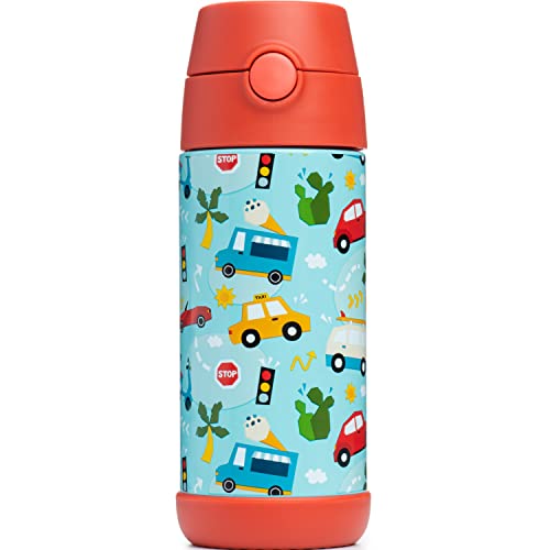 Snug Insulated Kids Water Bottle with Straw & Spout – Double-Wall Stainless Steel, Leakproof, Easy-Flip Lid – For School, Travel, Toddlers & Big Kids - Cars, 12oz - color: Cars, size: 11.8 Ounces