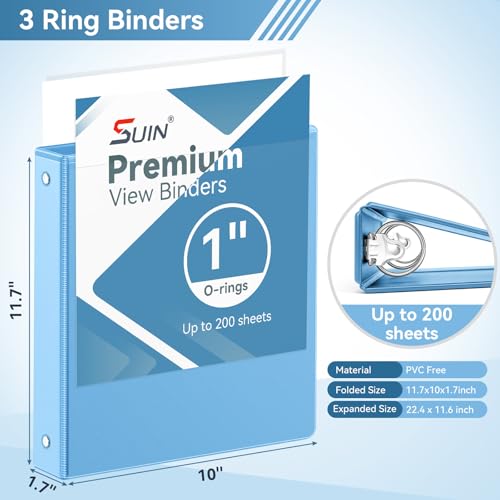 SUIN 1 Inch 3 Ring Binder, Clear 1'' View Presentation Binders with 2 Pockets, Fits 8.5 x 11 Letter Size, Durable Polypropylene, Non-Stick & PVC-Free for School, Office & Home (Aqua Blue) - color: Aqua Blue