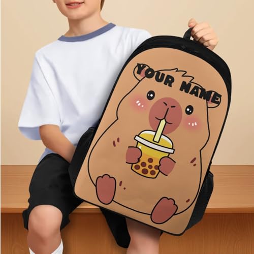 Cute Capybara Backpack Set with Lunch Box, Personalized Backpack for 2nd Grade Boys Kids Back to School Custom Name Back Pack Pencil Case and Water Bottle Holder 4 Piece Set for Kids Study - color: Cute Capybara--custom