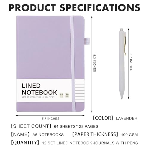 Aodaer 12 Set Lined Notebook Journals with Pens A5 Notebooks 100 GSM College Ruled Hardcover Notebook PU Leather Notepad with Pen Holder for Office School, 5.7 x 8.3 Inches, Lavender - color: Lavender
