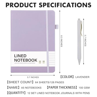 Aodaer 12 Set Lined Notebook Journals with Pens A5 Notebooks 100 GSM College Ruled Hardcover Notebook PU Leather Notepad with Pen Holder for Office School, 5.7 x 8.3 Inches, Lavender - color: Lavender