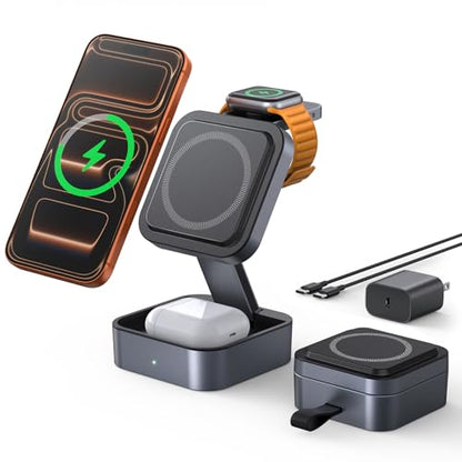 3 in 1 Wireless Charging Station for Apple Multiple Devices, Foldable Travel Compact MagSafe Charger Stand with 20W PD Adapter for iPhone 17/16/15/14/13, Apple Watch, AirPods Pro/4 - Space Grey