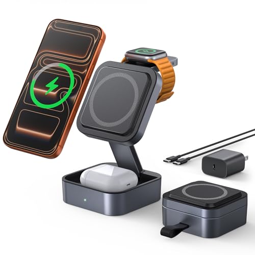 3 in 1 Wireless Charging Station for Apple Multiple Devices, Foldable Travel Compact MagSafe Charger Stand with 20W PD Adapter for iPhone 17/16/15/14/13, Apple Watch, AirPods Pro/4 - Space Grey