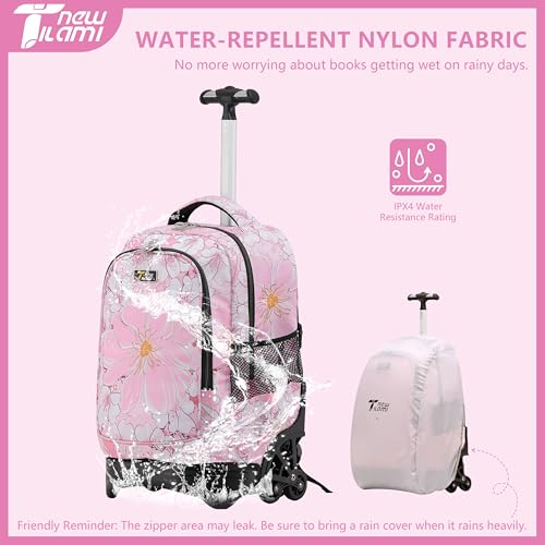 NEW TILAMI Girls & Boys Rolling Backpack - Moisture-Wicking, Adjustable Handle, Large Capacity, Perfect for School & Travel, Pink Flowers - color: Pink Flowers