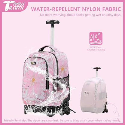 NEW TILAMI Girls & Boys Rolling Backpack - Moisture-Wicking, Adjustable Handle, Large Capacity, Perfect for School & Travel, Pink Flowers - color: Pink Flowers