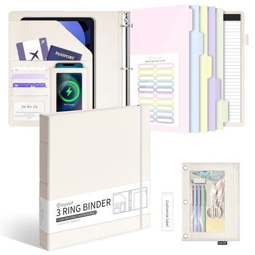 Ospelelf Leather 3 Ring Binder for Letter Size Documents with Pocketed Dividers, 1 Inch Round Rings, Holds 175 Sheets, Binders with Storage Bag & Notepad, for Office School Home Organization, White - color: White