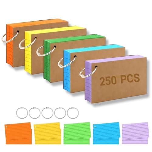 3x5 Inch Colorful Index Cards, Heavy Duty Neon 250 Sheets Lined Flashcards for Studying, Office & Home Use (Multicolored with Ring B)