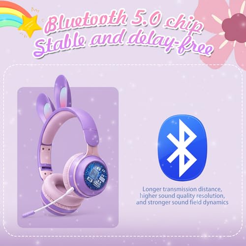 Rabbit Purple Cat Headphones Bluetooth, Noise Cancelling, LED, Mic | Delight your child with these stylish LED cat ear headphones premium noise cancellation, built-in mic, and wireless ease. - color: Rabbit Purple