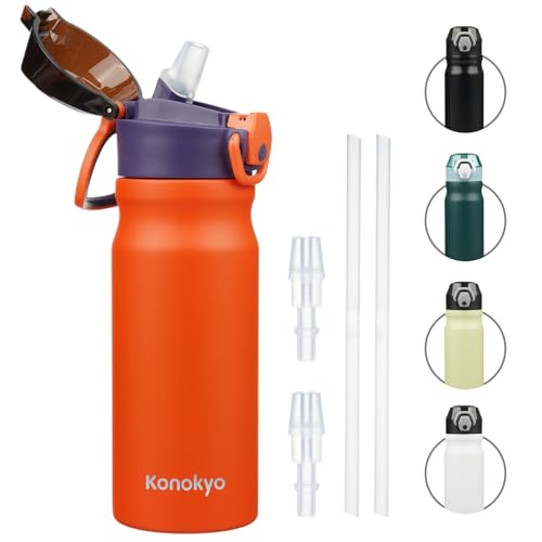 Konokyo 18 oz Insulated Stainless Steel Sports Water Bottle with Straw Lid | BPA-free, leak-proof reusable sports bottle with carry loop for gym, office, hiking, camping, travel & hydration - color: Orange, size: 18 Ounces