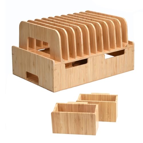 MobileVision Bamboo 12-Port Charging Station & Docking Organizer for Smartphones & Tablets, Family-Sized, for use in Corporate Offices & Classrooms (With 2 Bamboo Caddy Add Ons Included)