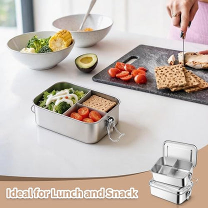 TeamFar 2 Pack Stainless Steel Bento Box, 28oz Metal Lunch Box | with 3 Compartments for Adults/Kids, Lunch Food Containers for School/Work/Meal Prep, Leak-Proof & Dishwasher Safe, 850ML - size: 850ML