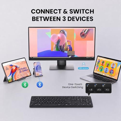 Wireless Bluetooth Keyboard, Full Size Multi-Device Keyboard for PC, Laptop | Connect Up to 3 Devices With Bluetooth or Usb and Enjoy Quiet, Comfortable Typing All Day.