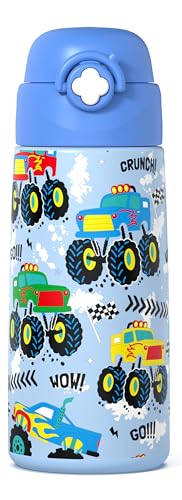 Boys Monster Truck Insulated Water Bottle with Covered Pop-Up Straw,16 oz Kids Cups with Stainless Steel Leak Proof for School - color: A22.Monster Truck, style: 1Pack