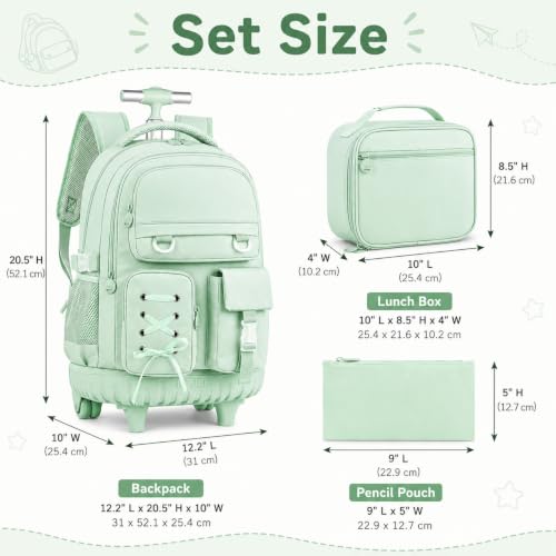 KLFVB Roller Backpack for Girls, 3PCS Rolling Bookbag with Lunch Bag for Kids, Wheeled School Bag for Teen - Cyan Ribbon Bow - color: Cyan Ribbon Bow Rolling Backpack