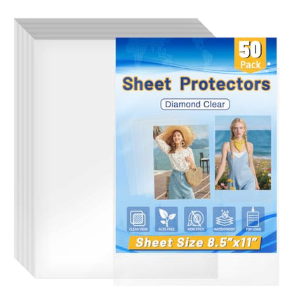 50 Pcs Crystal Clear Sheet Protectors, Letter Size 8.5" x 11" Plastic Paper Sleeves, Page Sleeve Protectors for Paper Document Artwork Photos, No Holes, 4mil