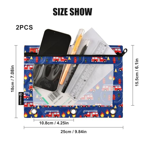 Fire Fightine Truck Binder Pouches 3 Ring for Boys Girls School Office College Supplies Cars Pencil Pouches Case Bag with Clear Window and Zipper 2 Pack - color: Fire Engine