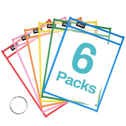 SUNEE 6 Packs Oversized Reusable Dry Erase Pocket Sleeves with Binder Ring, 6 Assorted Colors 10x14 Ticket Holders, Clear Plastic Sheet Protectors, Teacher School Classroom Supplies - color: Assorted Colors, style: 6 Pack