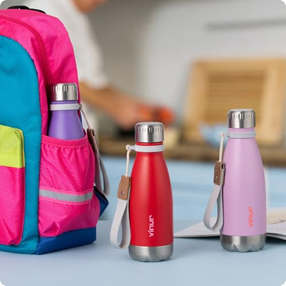 Small Water Bottle-12 oz Leak Proof Insulated Water Bottle with Carry Rope | Double Wall Vacuum Stainless Steel Water Bottle for Travel, School, Cola Shape Flask with Carry Rope (Purple Pink) - color: Purple Pink, size: 12 Ounces