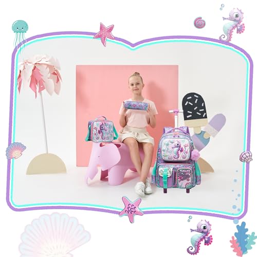 Meetbelify Kids Rolling Backpack with Wheels for Girls Rolling Backpacks with Lunch Box for Elementary School Students 3 in 1 Travel Luggage Suitcase for Girls Age 8-10 - color: Girl 03