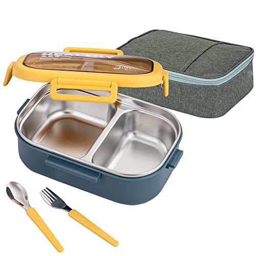 Lille Home 28oz Stainless Steel Leakproof 2-Compartment Bento Lunch Box/Portion Control Food Container with Lunch Bag and Cutlery Set, BPA Free (Blue) - color: Blue
