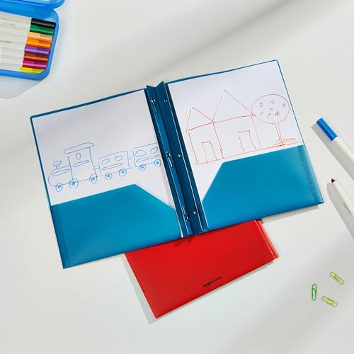 Amazon Basics Heavy Duty Plastic Folders with 2 Pockets for Letter Size Paper, Red and Blue, 2-Pack - size: 2-Pack, style: 2 Pockets