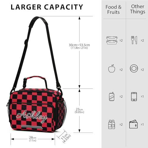 Custom Student Lunch Bag for Boys Girls Red Black Checkered Personalized Lunch Box With Name Insulated Cooler Bag for School Picnic Travel - color: Multi06