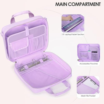 3 Ring Zipper Binder, 2 Inch Ring Binder Organizer Bag with Strap | Binder Bag Fits 13" Laptop & 500 Sheets, Detachable Shoulder Strap, Large Capacity Zip Up Portfolio Folder Bag for Office - color: Purple