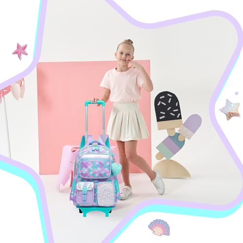 Meetbelify Backpack with Wheels for Girls Rolling Backpack Cute Carry on Backpack with Lunch Box for Elementary Student Teen Girls Luggage Travel Suitcase Girls 8-10 Mermaid - color: Mermaid