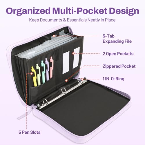 SUNEE Zipper Binder 1 Inch, Removable 3-ring binder, 175-Sheet Capacity, 5-Tab Dividers Expanding File Folder, Small Binder Bag Organizer Storage for Student School Classroom Supplies, Lavender Purple - color: Lavender Purple