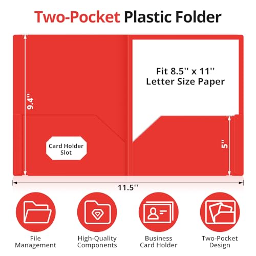 Taja Plastic Folders with Pockets (6 Pack, Red), 2-Pocket Folders with Business Card Slot, Heavy Duty, Fit Letter Size Documents, Perfect for School, Office & Business - color: E-red, size: 6 Pack