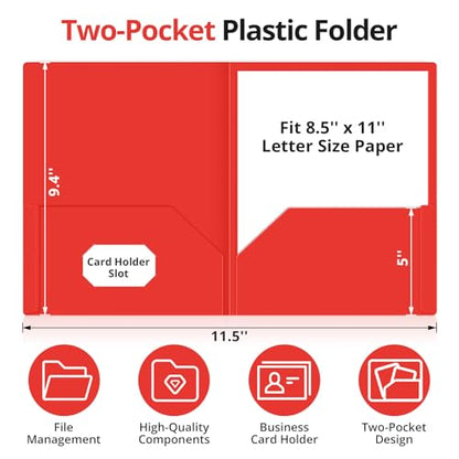 Taja Plastic Folders with Pockets (6 Pack, Red), 2-Pocket Folders with Business Card Slot, Heavy Duty, Fit Letter Size Documents, Perfect for School, Office & Business - color: E-red, size: 6 Pack