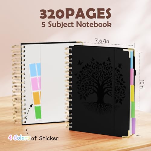 QIYVLOS Hardcover Spiral Notebook, B5 Journal with Removable Dividers Tabs, 5 Subject Notebook College Ruled, 320 Pages 8"x10" Leather Notebooks for Work School Study, Lined Journal for Women, Black - color: B5/Black