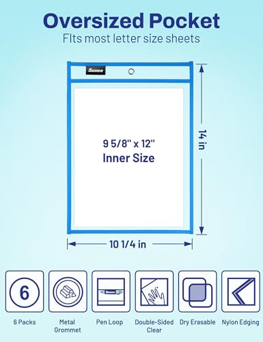 SUNEE 6 Packs Oversized Reusable Dry Erase Pocket Sleeves with Ring, Blue 10x14 Ticket Holders, Clear Plastic Sheet Protectors, Teacher School Classroom Supplies - color: Blue, style: 6 Pack