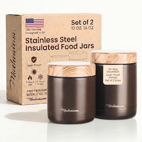 Stainless Steel Insulated Food Jar Set of 2 (16oz + 12oz) | Wide Mouth | Soup Thermo for Hot Food Lunch Container | Thermal LunchBox | Insulated Soup Bowl | Hot and Cold Lunch Box for Adults | Mocha - color: Mocha Brown