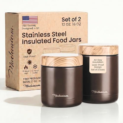 Stainless Steel Insulated Food Jar Set of 2 (16oz + 12oz) | Wide Mouth | Soup Thermo for Hot Food Lunch Container | Thermal LunchBox | Insulated Soup Bowl | Hot and Cold Lunch Box for Adults | Mocha - color: Mocha Brown