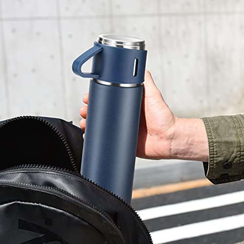 Stainless Steel Thermo 500ml/16.9oz Vacuum Insulated Bottle with Cup for Coffee Hot drink and Cold drink water flask.(Blue,Set) - color: Blue (Set), size: 16.9 Ounces
