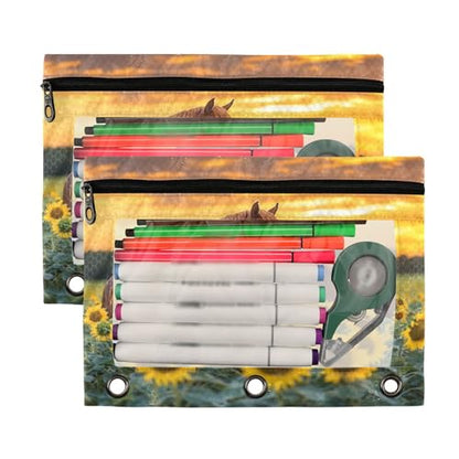Kcldeci Pencil Pouch for 3 Ring Binder, Horse Sunflower 2 Pack Binder Pencil Pouch with Clear Window Pencil Bags with Zipper Pencil Case for Binder - color: B06