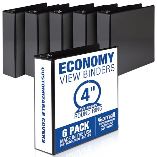 Samsill 4 Inch 3 Ring Binders, Economy Round Ring, Clear View Cover, 675 Sheet Capacity - for School, Home, Office - Black, 6 Pack - size: 6-Pack, style: 4 Inch