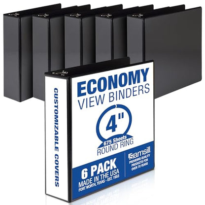 Samsill 4 Inch 3 Ring Binders, Economy Round Ring, Clear View Cover, 675 Sheet Capacity - for School, Home, Office - Black, 6 Pack - size: 6-Pack, style: 4 Inch