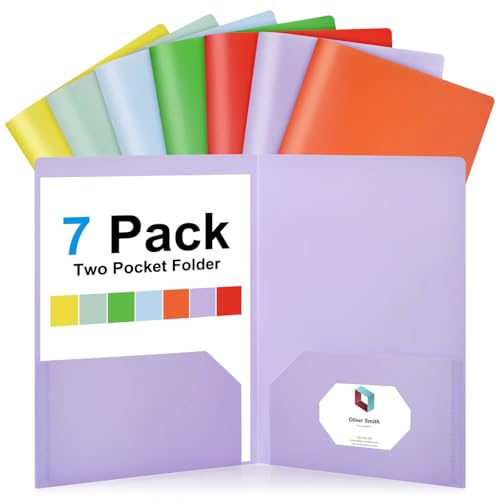 Plastic Folders with Pockets(7 Pack, Assorted Colors), Colored Folders with Pockets, 2-Pocket Folder Card Slot for Schoolwork & Office,Back to School Supplies, Letter Size