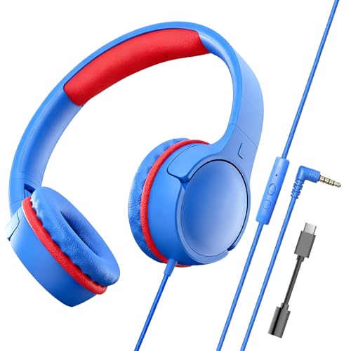 Kids Wired Headphones for School, Over-Ear Children's Headphones with Microphone, Foldable 85/94dB Volume Limited Headphones, 3.5mm & USB-C Compatible(Cloud Blue) - color: Cloud Blue