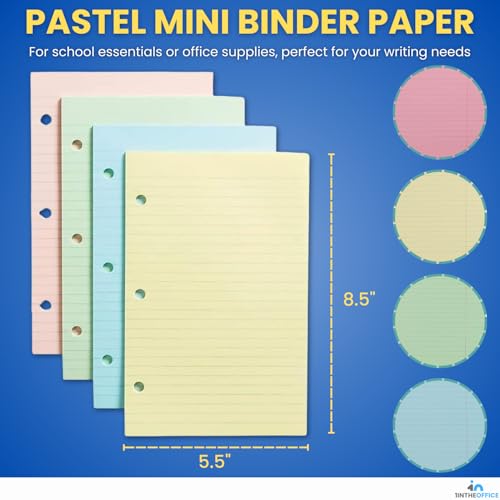 1InTheOffice 5.5 x 8.5 Paper, Pastel, College Ruled Mini Binder Paper, Loose Leaf Paper, Assorted Color, 200 Pack