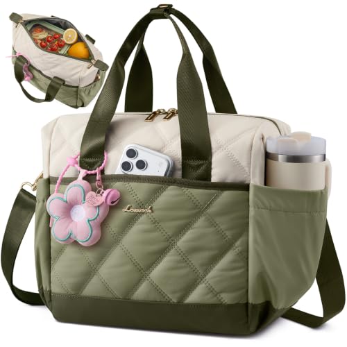 LOVEVOOK Insulated Lunch Bag Women, Adult Lunch Box for Women Work, Large Leakproof Cooler lunch Bags for Picnic Beach Family College, Lunch Teacher Tote Bag with Adjustable Shoulder Strap Cup Holder - color: cream-bean green, size: X Large —18L